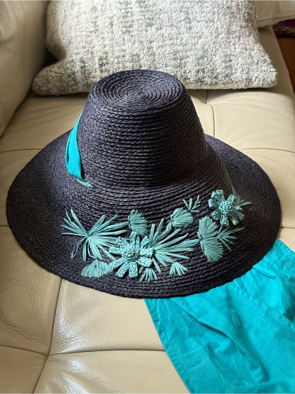 Lele Sadoughi Embroidery Embellished Straw Sun Hat NWT
